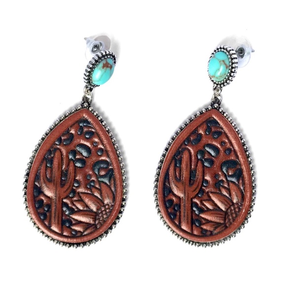 1 LEFT! Handmade Genuine Leather Turquoise Stone Dangle Western Earrings - Picture 3 of 4
